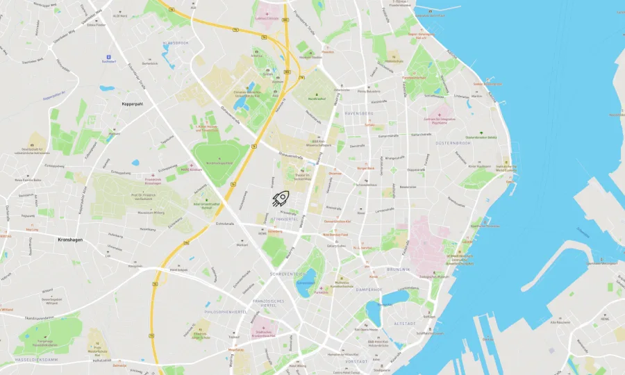 Map of Kiel with rocket marker at the company location